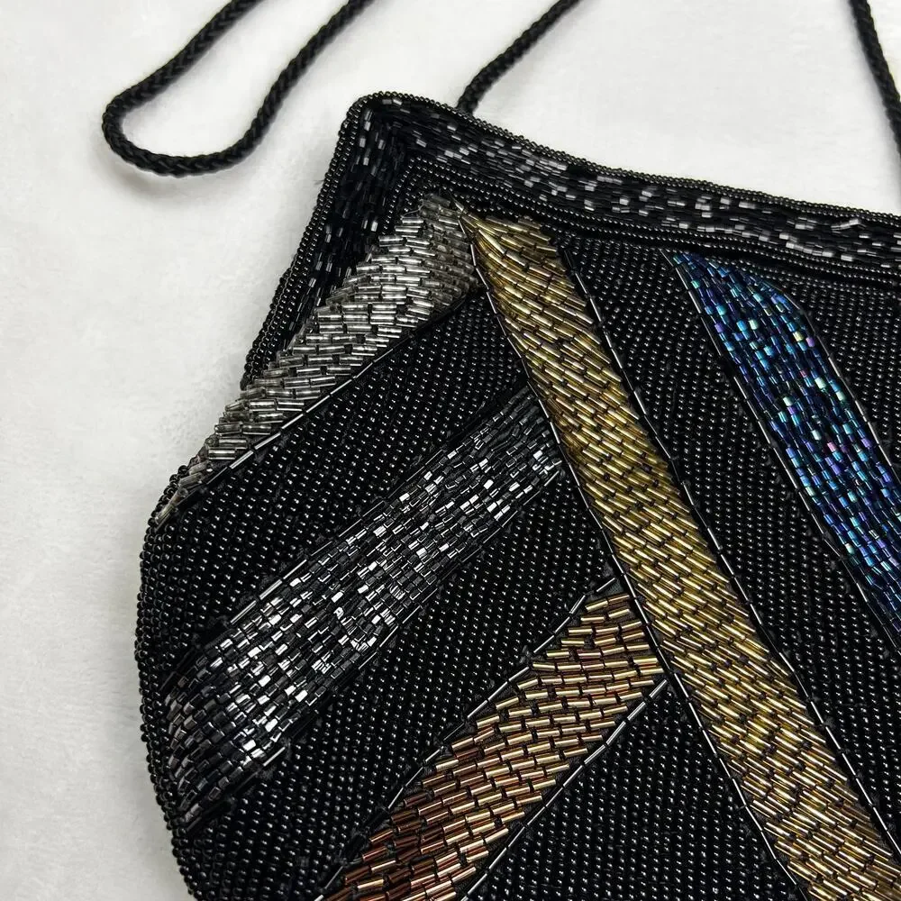 Vintage Beaded Evening Bag Black Rainbow Shoulder Purse Garfinckel's Pocketbook